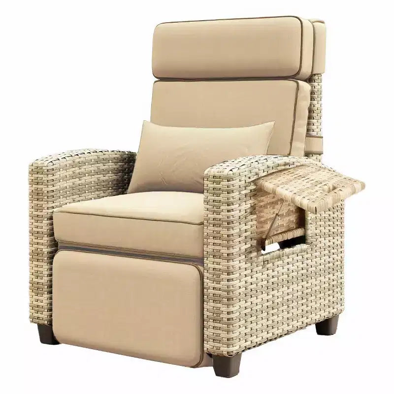 Outdoor Wicker Lounge Recliner Chair, Rattan Patio Recliner with Air Pump, Adjustable Backrest, Flip-Up Table and Cushion, 150 Degree Lay Flat