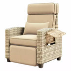 Outdoor Wicker Lounge Recliner Chair, Rattan Patio Recliner with Air Pump, Adjustable Backrest, Flip-Up Table and Cushion, 150 Degree Lay Flat