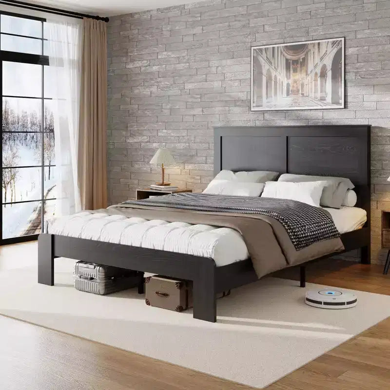 Industrial Wooden Platform Bed with Headboard