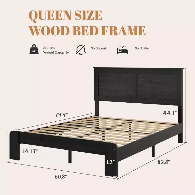 Industrial Wooden Platform Bed with Headboard