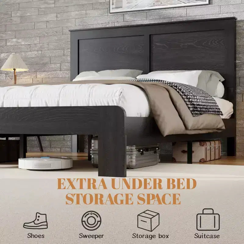 Industrial Wooden Platform Bed with Headboard