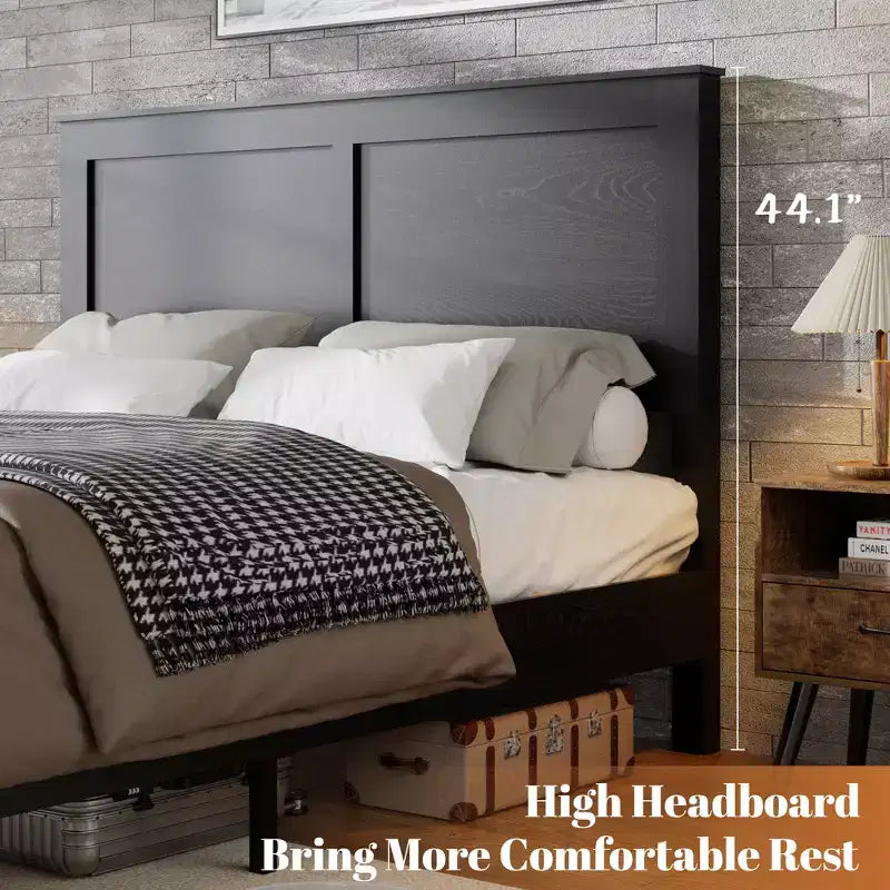 Industrial Wooden Platform Bed with Headboard