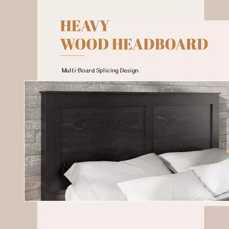 Industrial Wooden Platform Bed with Headboard