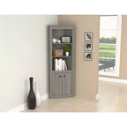 70.02" Corner Bookshelf Gray - Inval: Modern Smoke Oak, 3 Shelves, Double Door Storage