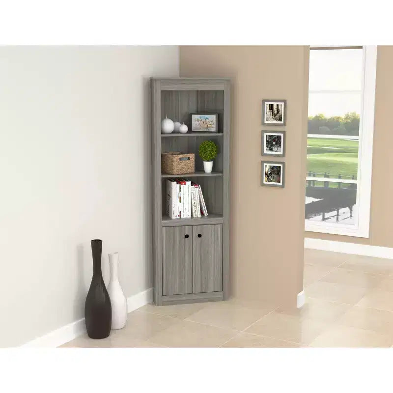 70.02" Corner Bookshelf Gray - Inval: Modern Smoke Oak, 3 Shelves, Double Door Storage