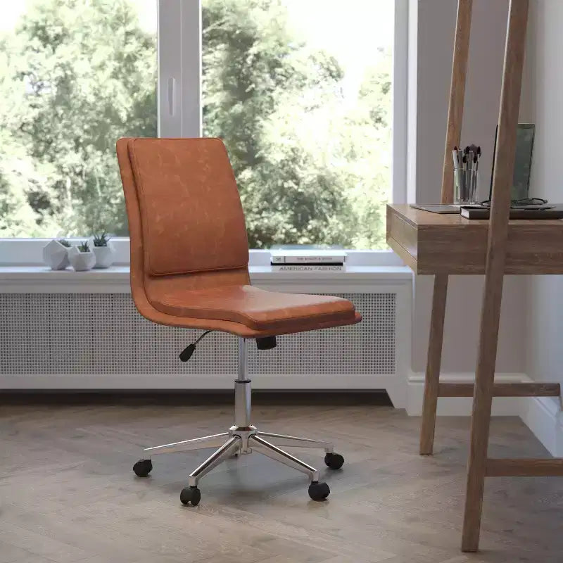 Modern Faux Leather Upholstered Mid-Back Home Office Chair with 5 Star Base and Pneumatic Seat Height Adjustment