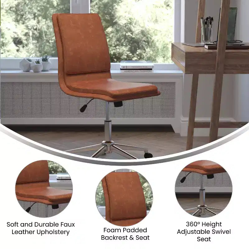 Modern Faux Leather Upholstered Mid-Back Home Office Chair with 5 Star Base and Pneumatic Seat Height Adjustment