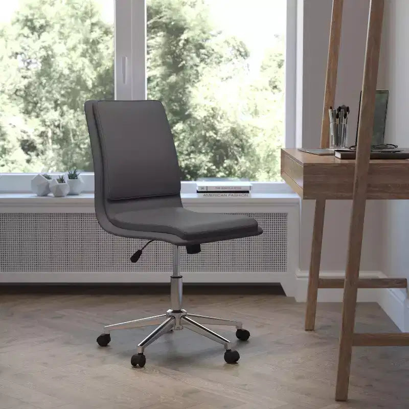 Modern Faux Leather Upholstered Mid-Back Home Office Chair with 5 Star Base and Pneumatic Seat Height Adjustment