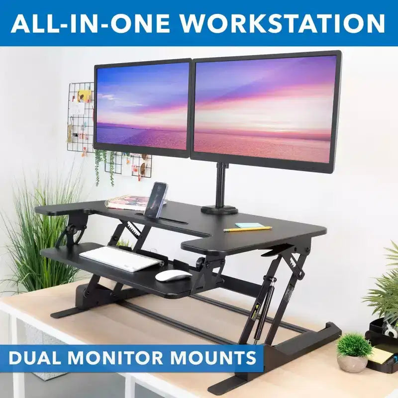 Height Adjustable Standing Desk Converter with Bonus Dual Monitor Mount Included - Wide 36 Inch Sit Stand Workstation with Gas Spring Lift
