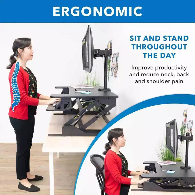 Height Adjustable Standing Desk Converter with Bonus Dual Monitor Mount Included - Wide 36 Inch Sit Stand Workstation with Gas Spring Lift