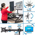Height Adjustable Standing Desk Converter with Bonus Dual Monitor Mount Included - Wide 36 Inch Sit Stand Workstation with Gas Spring Lift