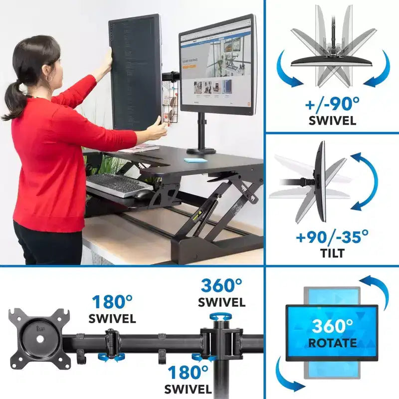 Height Adjustable Standing Desk Converter with Bonus Dual Monitor Mount Included - Wide 36 Inch Sit Stand Workstation with Gas Spring Lift