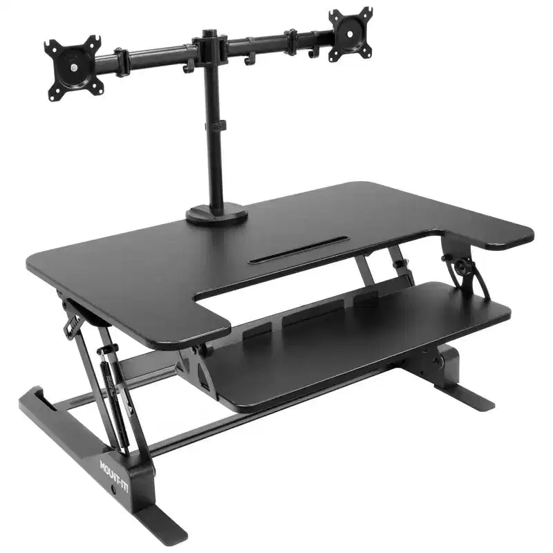 Height Adjustable Standing Desk Converter with Bonus Dual Monitor Mount Included - Wide 36 Inch Sit Stand Workstation with Gas Spring Lift